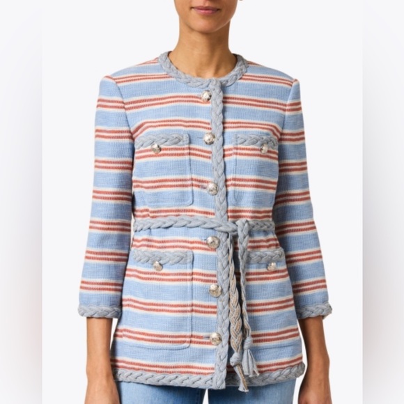 NEW Veronica Beard Striped Ginerva Belt Jacket Button Blazer, Blue/Red/White - Picture 7 of 15
